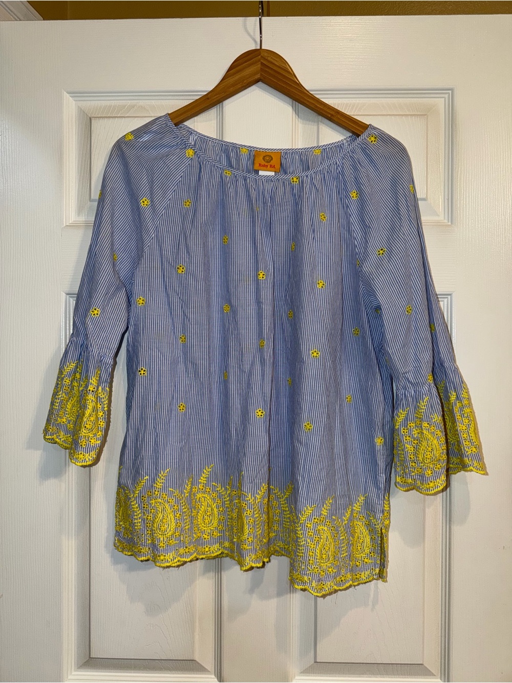 Ruby Rd. Light Blue Blouse with Yellow Embroidery. EUC - Picture 2 of 6